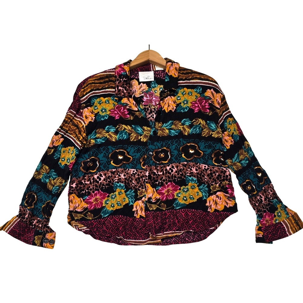Vintage Options by Worthington Floral Leopard Print Shirt Artsy Abstract Coverup